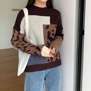 Patterned Knit Round Neck Sweater Khaki - One Size