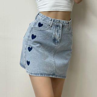 Heart Print Washed Denim Mini A-line Skirt
