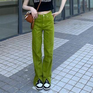 High Waist Plain Slit-front Straight Leg Jeans
