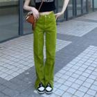 High Waist Plain Slit-front Straight Leg Jeans