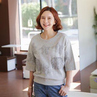 Elbow-sleeve Flower Appliqu  Sweatshirt