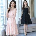 Long-sleeve Lace Panel Feather-accent A-line Dress