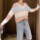 Striped Long-sleeve Knit Top Pink & Blue - One Size