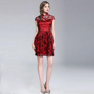 Lace Panel Cap Sleeve Mandarin Collar Dress