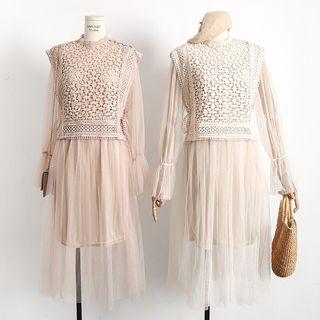 Set: Long Sleeve Midi Mesh Dress + Crochet Vest
