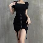 Square Neck Short Sleeve Hook-and Eye Waist Detailed Bodycon Dress