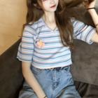 Short-sleeve Striped Floral Knit Top As Shown In Figure - One Size