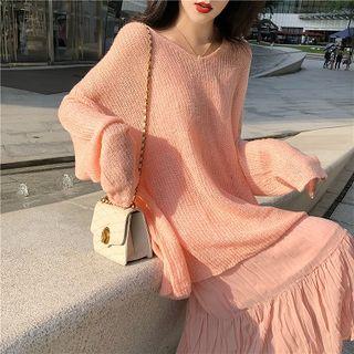 Open Knit Sweater / Spaghetti Strap Midi Dress