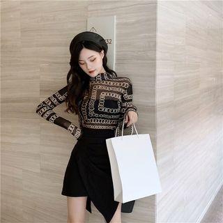 Mock-neck Printed Long-sleeve Top Top - Black - One Size
