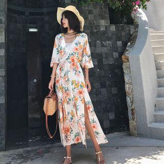 Flower Print Elbow-sleeve Slit Maxi Sundress