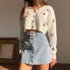 Long-sleeve Buttoned Cherry Embroidered Knit Top