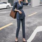 Set: Striped Double-breasted Blazer + Cropped Straight-leg Dress Pants