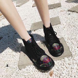 Embroidered Lace Up Short Boots