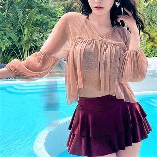 Set: Bikini Top + Swim Skirt + Balloon-sleeve Top