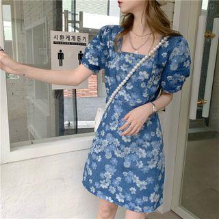 Puff-sleeve Square-neck Flower Print Denim Dress