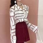 Printed Loose-fit Long-sleeve Blouse / Striped High-waist Skirt