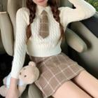 Collared Cable Knit Sweater / Pleated Mini Pencil Skirt / Neck-tie / Set