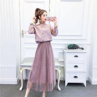 Long-sleeve Embroidered Sweater / Mesh Skirt