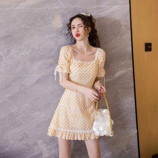 Short-sleeve Floral Print Lace Trim Mini A-line Dress