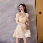 Short-sleeve Floral Print Lace Trim Mini A-line Dress