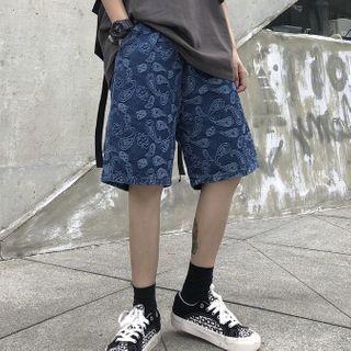 Pattern Print Denim Straight Cut Shorts