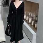 Long-sleeve Tie-back Midi A-line Dress Black - One Size