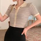 Short-sleeve Striped Knit Top Stripe - Black & Beige - One Size