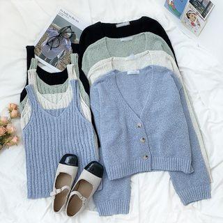 Set: Plain V-neck Knit Camisole + Cardigan