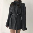 Long-sleeve Mock-neck Mini Pullover Dress Dark Gray - One Size