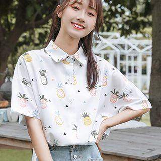 Elbow-sleeve Pineapple Print Polo Shirt