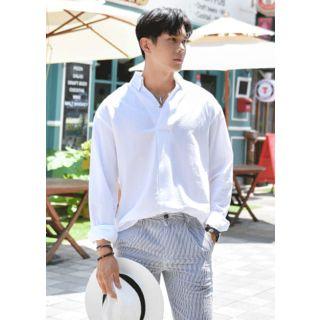 Open-placket Snap-button Linen Shirt