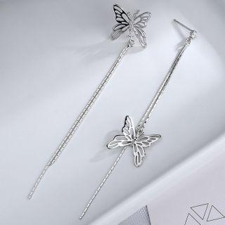 Non-matching Rhinestone Alloy Butterfly Dangle Earring 1 Pair - With Earring Back - Silver - One Size