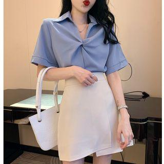 Short-sleeve Twisted Blouse / Mini A-line Skirt