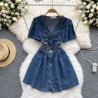 Short-sleeve V-neck Bow Denim Dress