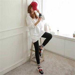 Set: Hooded Lettering-string Pullover + Contrast-trim Leggings