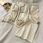 Glitter-trim Button-down Knit Top + Wide-leg Pants