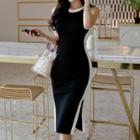 Sleeveless Contrast Panel Knit Sheath Dress Black - One Size