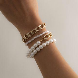 Set Of 4: Chunky Chain Bracelet + Faux Pearl Bracelet 1810 - Gold - One Size