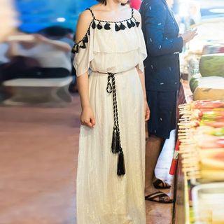 Tasseled Cut Out Shoulder Elbow Sleeve Maxi Dress