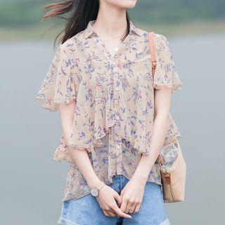 Flutter Sleeve Floral Ruffled Blouse