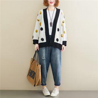 Smiley Face Print Open Front Cardigan