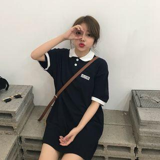 Embroidered Elbow Sleeve Polo Shirt Dress