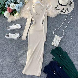 Rhinestone V-neck Cold-shoulder Knit Dress