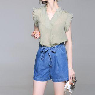 Set: Sleeveless Chiffon Blouse + Denim Shorts