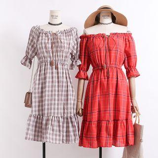 Boatneck Tie-front Ruffled-trim Plaid A-line Dress