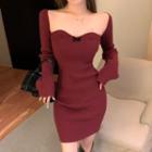 Off-shoulder Bow Detail Mini Sheath Dress Wine Red - One Size