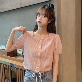 Puff-sleeve Striped Square-neck Buttoned Crop Top