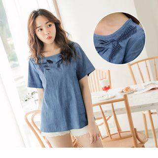 Embroidered Short-sleeve Denim Top