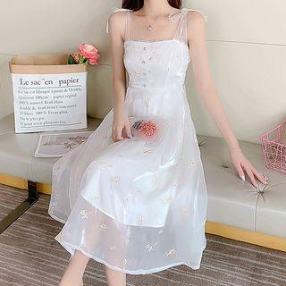 Embroidered Sleeveless Sheer Panel A-line Dress