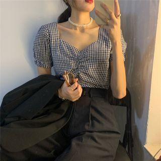 Gingham Short-sleeve Blouse Black & White - One Size